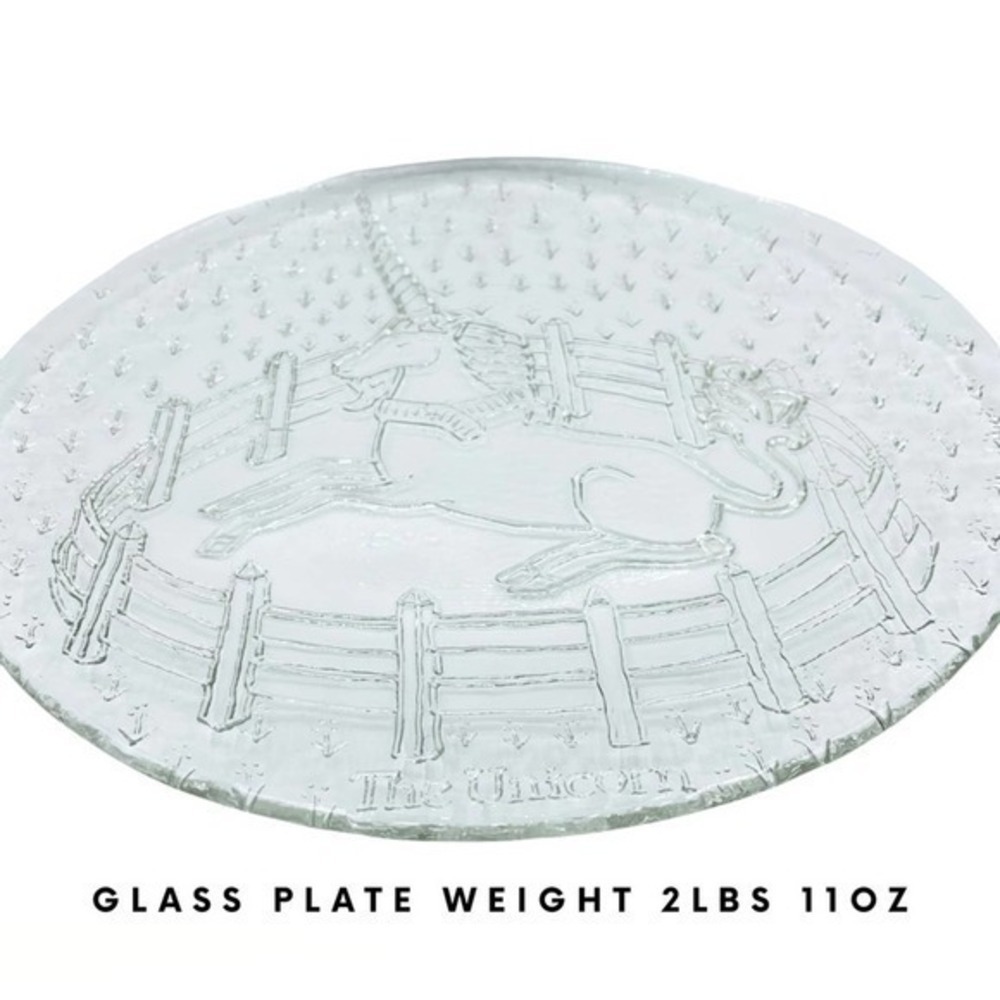 Vintage Serveware Glass Plate | Unicorn Etching | 2lbs - Large 12” Circle